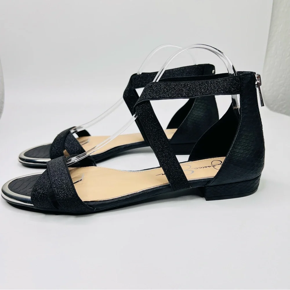 Jessica Simpson Aimlee Black /Silver Ankle Strap Block Low Heel Dressy Sandal